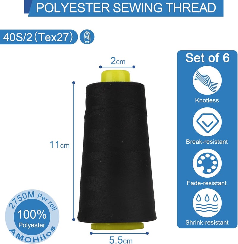 AMOHilos Polyester Sewing Thread All Purpose Knotless 40S/2 (Tex27) 6 Cones of 2750 Yards Each Spool Thread Total 16500 Yards for Serger Sewing Machine Quilting Piecing Overlock Hand Stitching (Black) - Image 3